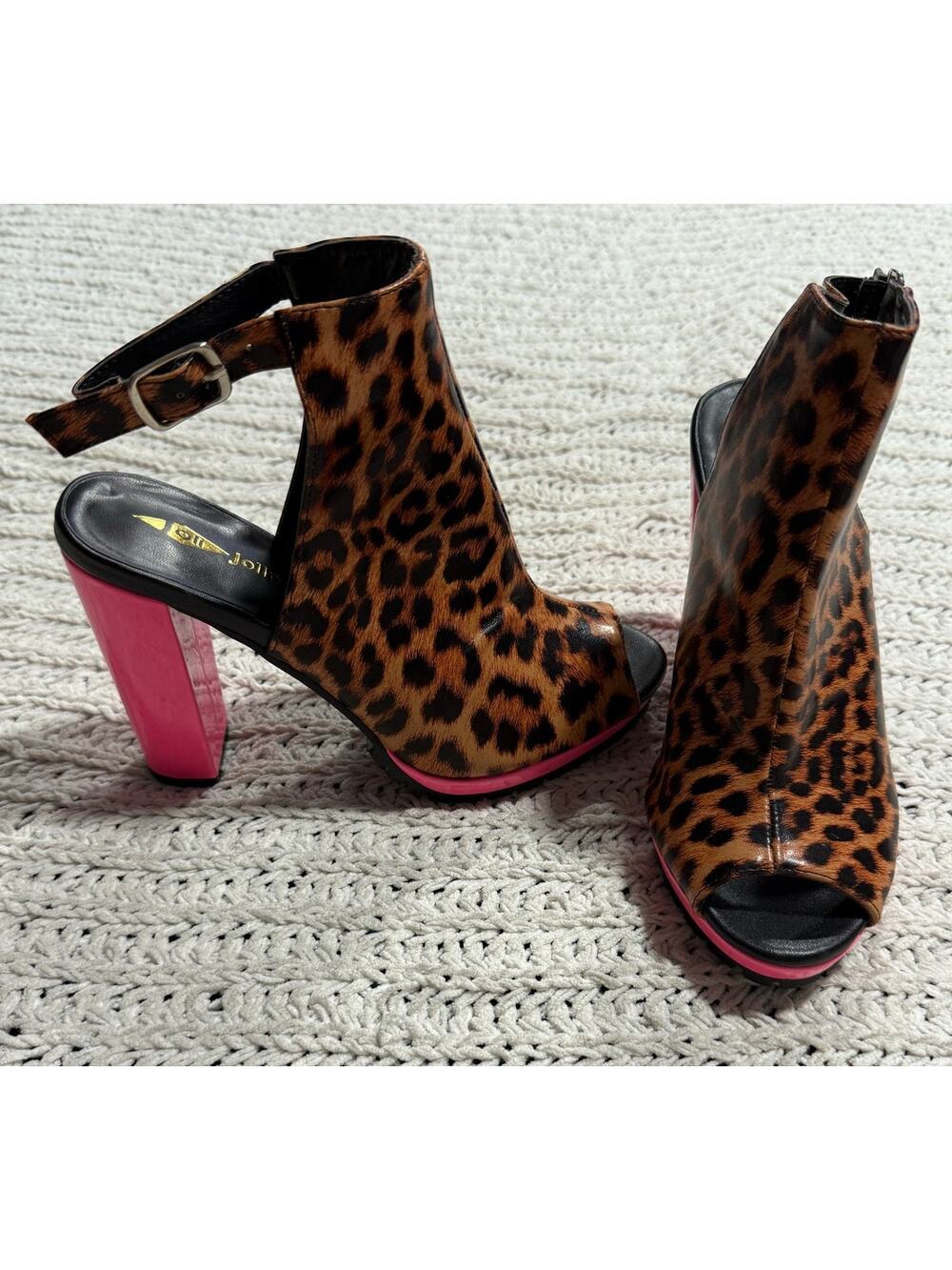 Jolimall Animal Print Shoes Open Toe Heels Women's Size 6 Pink Brown Black